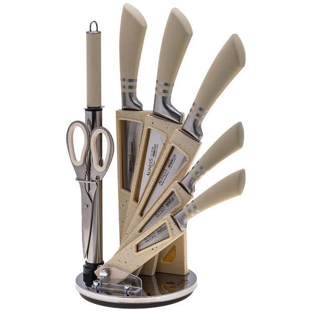 Набор ножей agness с ножницами и мусатом на пластиковой подставке, 8 предметов (кор=6набор.)-911-644