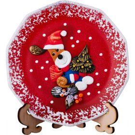 Тарелка стеклянная декоративная на подставке диаметр 150. рисунок: символ года: собака с елкой на кр-135-5251