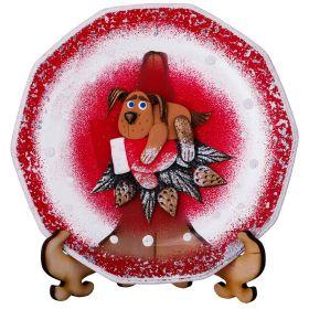 Тарелка стеклянная декоративная на подставке диаметр 150. рисунок: символ года: собака на варежке на-135-5254