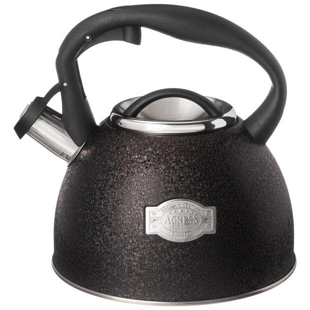 Чайник agness со свистком, 2,5л, c шильдиком, black, индукцион. капсул. дно-907-256