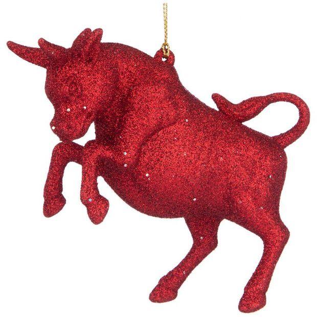 Елочное украшение"бык символ года 2021" 12,5*3 см высота=8,5 см цвет:красный с глиттером ((мал-24/ко-865-472