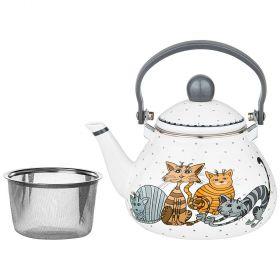 Чайник agness эмалированны со съемным фильтром из нжс, озорные коты, 1,3л, подходит для индукц. плит-934-356